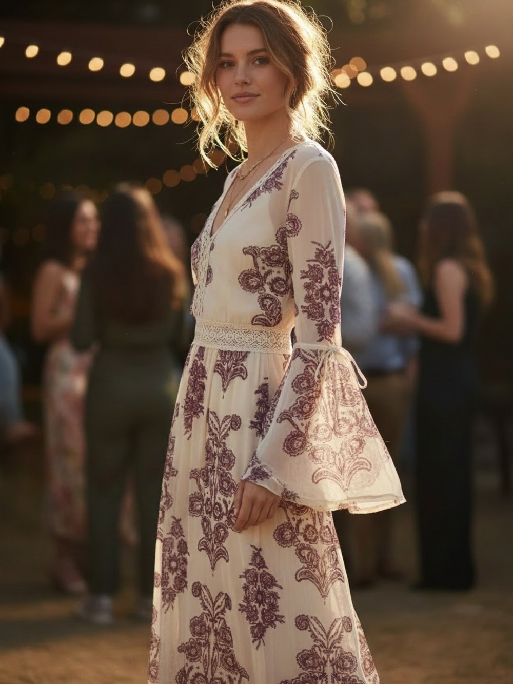 Ultra Pink Boho Chic Cream Maxi Dress Wine Embroidery on Sheer Net Overlay L